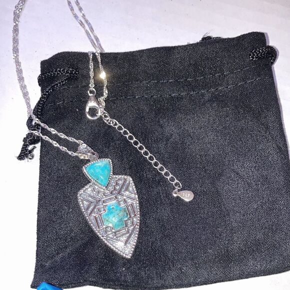 Turquoise Arrowhead Aztec Western Sterling Silver Enhancer Pendant With Chain - Picture 3 of 10